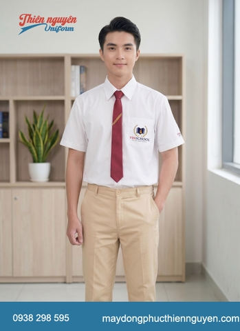 Đồng phục học sinh cấp 2 trường quốc tế Vinschool áo sơ mi đồng phục kết hợp với quần và váy màu be tạo sự thanh lịch, chỉn chu trong môi trường quốc tế học