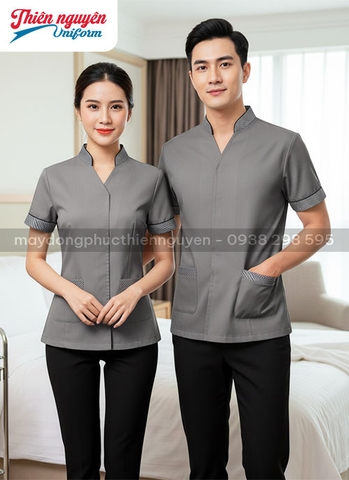 đồng phục nhân viên tạp vụ nam nữ cổ V