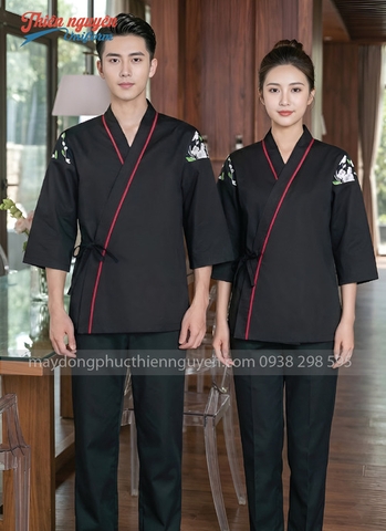 Đồng phục phục vụ nhà hàng Nhật màu đen phối viền đỏ