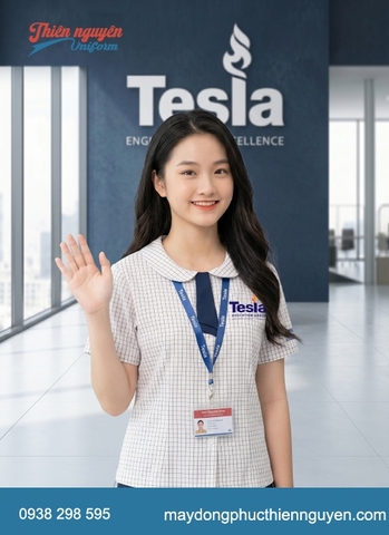 Bộ đồng phục học sinh cấp 2 trường quốc tế Tesla áo sơ mi họa tiết kẻ caro phối với quần và chân váy màu xanh navy kaki