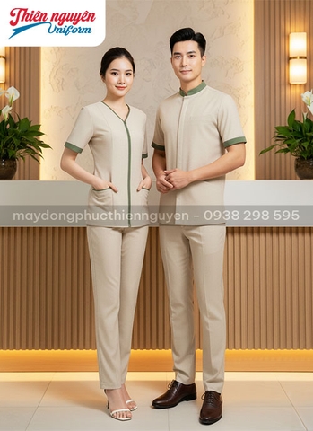 đồng phục spa cho nam nữ màu be