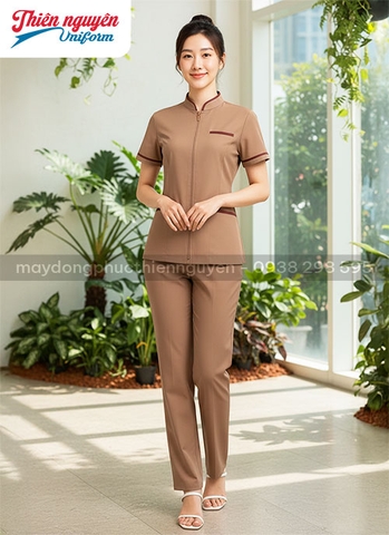 đồng phục spa cho nữ cổ lãnh tụ có dây kéo phía trước