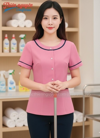 Đồng phục tạp vụ màu hồng phối xanh đen