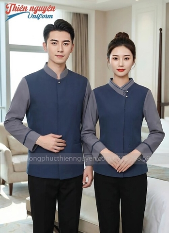 Đồng phục tạp vụ nam nữ màu xanh coban phối xám