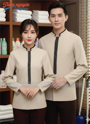đồng phục tạp vụ nam nữ màu kem