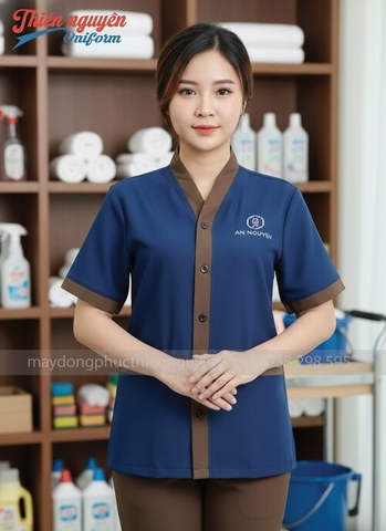 đồng phục tạp vụ nữ màu xanh phối nâu