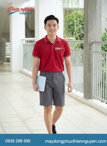 bộ đồng phục học sinh cấp 2 áo thun cổ trụ viền trắng phối với quần và chân váy màu xám tạo sự thanh lịch, hiện đại