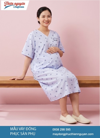Mẫu đồng phục đầm cho sản phụ màu xanh pastel in họa tiết sắc nét