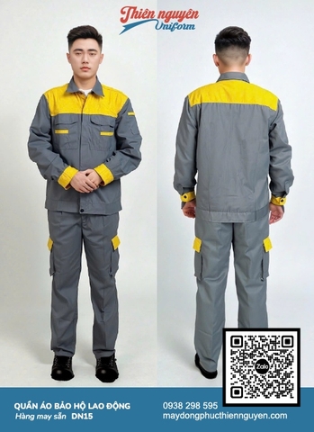 Mẫu đồng phục bảo họ lao động DN15 với tông màu xám vàng, sử dụng chất liệu vải kaki dày dặn