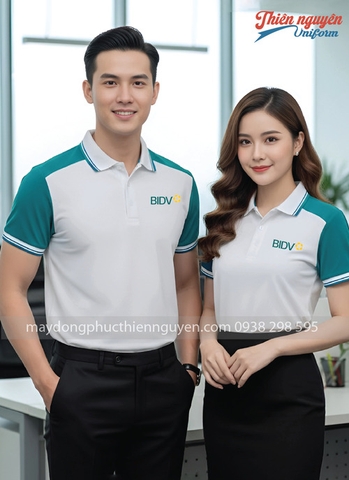 mẫu áo polo đồng phục ngân hàng BIDV màu trắng phối xanh