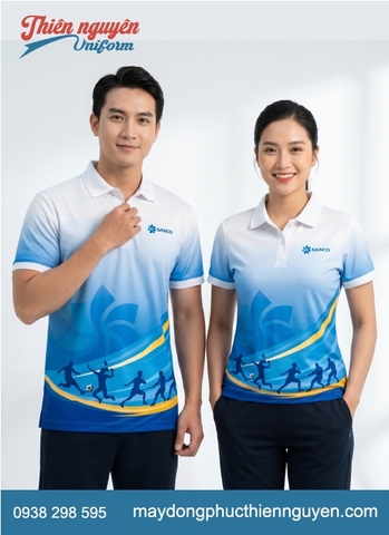 Mẫu áo thun chạy bộ công ty Sasco mang tinh thần thể thao với chất liệu áo thun mát thấm hút mồ hôi