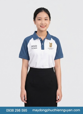 Mẫu đồng phục trường Sedbergh Vietnam - BCIS nổi bật với áo thun polo màu trắng kết hợp với xanh đậm, logo trường được thêu sắc nét