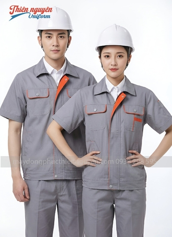 mẫu đồng phục bảo hộ lao động màu xám ngắn tay