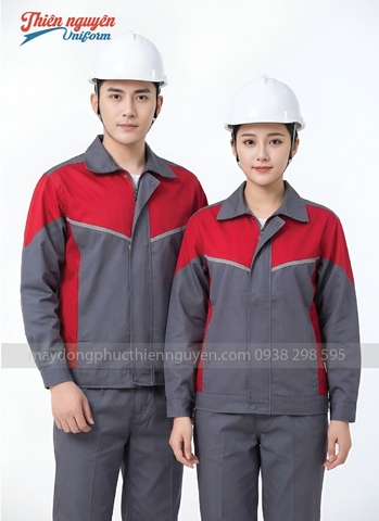 mẫu đồng phục bảo hộ lao động màu xám phối đỏ