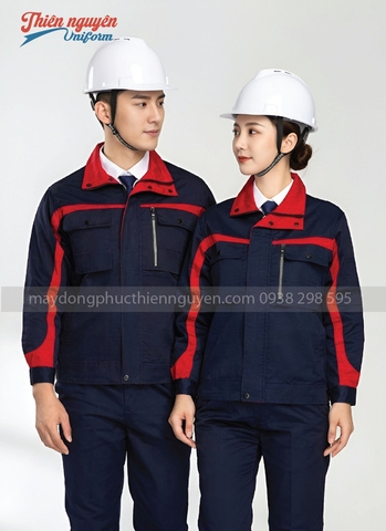mẫu đồng phục bảo hộ lao động màu xanh đen phối đỏ