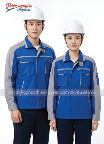 mẫu quần áo bảo hộ lao động màu xanh phối ghi xám