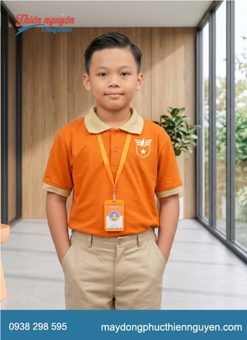 Đồng phục học sinh tiểu học trường quốc tế Nam Mỹ UTS áo phối viền màu be