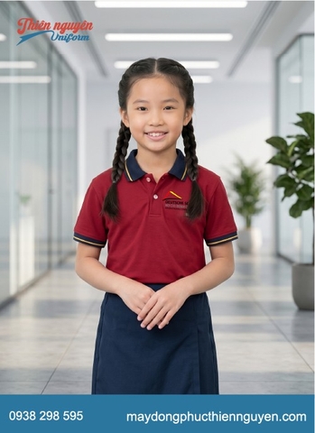 Đồng phục học sinh tiểu học trường quốc tế Đức năng động hiện đại với gam màu đỏ đô phối với xanh navy