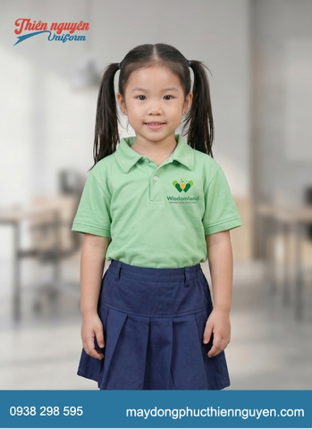 Đồng phục học sinh mầm non trường quốc tế Wisdomland với tông màu chủ đạo xanh lá mạ và xanh đậm