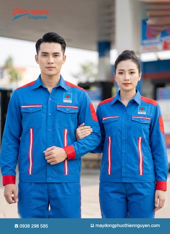 mẫu đồng phục nhân viên cây xăng PV oil màu xanh phối phản quang đỏ