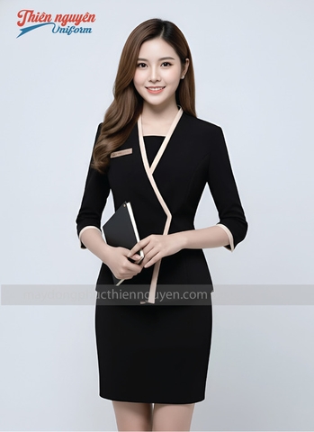 Mẫu đồng nhân viên lễ tân màu đen phối be