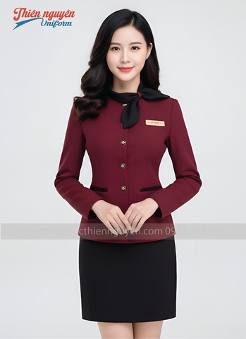 Mẫu đồng phục nhân viên lễ tân màu đỏ phối cổ nơ