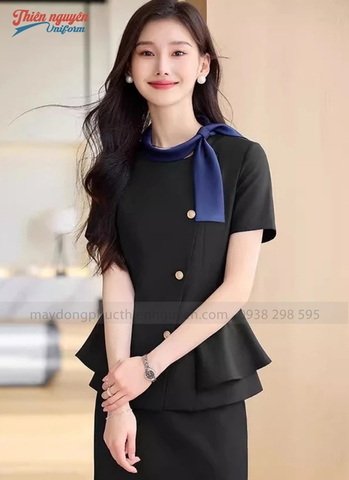 Mẫu đồng phục nhân viên lễ tân spa cổ nơ màu be