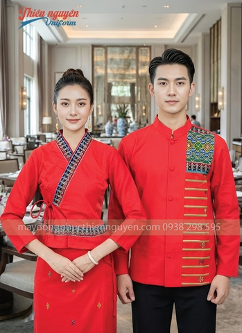 Mẫu đồng phục nhân viên nhà hàng Thái Lan màu đỏ phối họa tiế