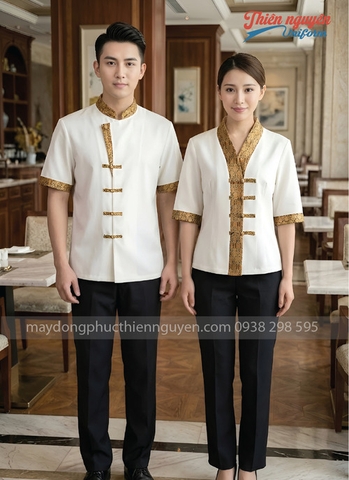 Mẫu đồng phục nhân viên nhà hàng Thái Lan màu trắng phối họa tiết