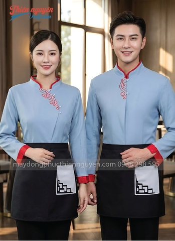Mẫu đồng phục nhân viên nhà hàng Trung Quốc màu xanh phối họa tiết