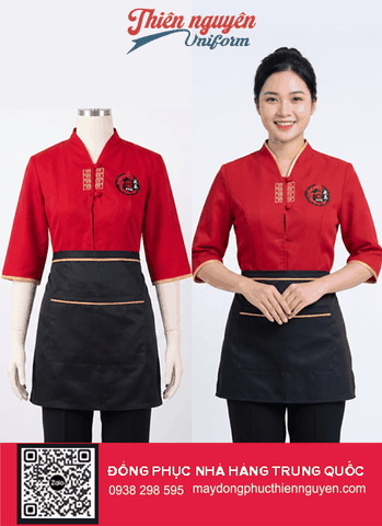 Đồng phục nhà hàng Trung Quốc màu đỏ cho nhân viên viên phục vụ, kiểu mẫu tôn dáng