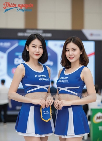 mẫu đồng phục PG màu xanh chân váy xếp ly