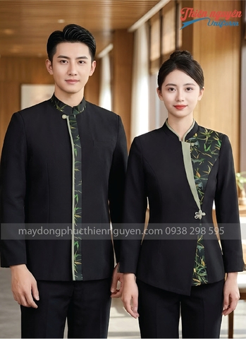 Mẫu đồng phục phục vụ nhà hàng Trung Quốc phối họa tiết