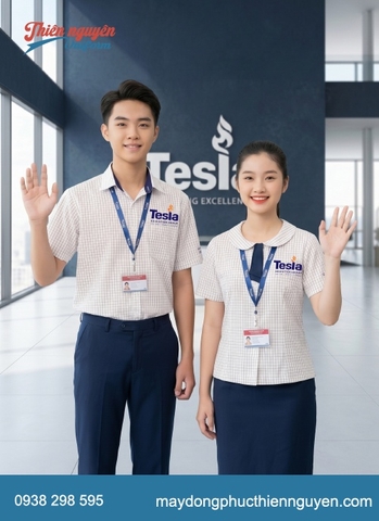 Bộ đồng phục học sinh cấp 2 trường quốc tế Tesla áo sơ mi họa tiết kẻ caro phối với quần và chân váy màu xanh navy kaki