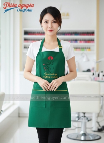 Tạp dề nail màu xanh phối viền vàng