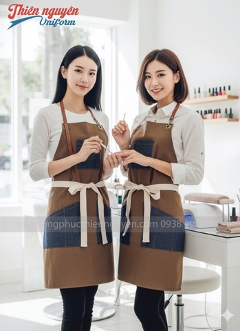 Mẫu tạp dề nail màu nâu phối vải denim