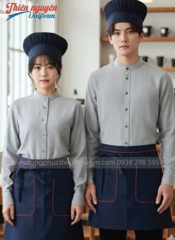 Mẫu tạp dề đầu bếp màu xanh dương phối viền đỏ