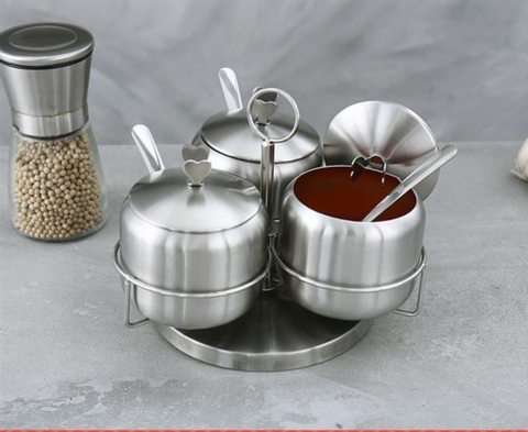 Hũ Gia Vị Inox 3 Ngăn Đế Tròn Xoay [ Thép Không Gỉ ]