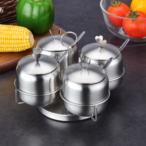 Hũ Gia Vị Inox 4 Ngăn Đế Tròn Xoay [ Thép Không Gỉ ]