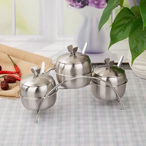 Hũ Gia Vị Inox 3 Ngăn Kèm Kệ [ Thép Không Gỉ ]
