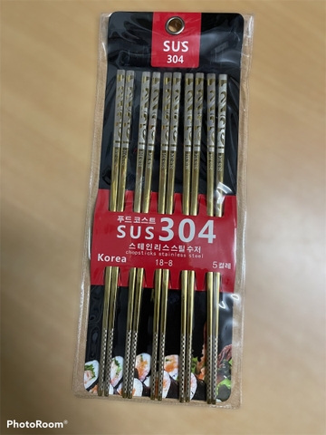 Sét 5 Đôi Đũa Cán Vuông Hoa Văn Inox Cao Cấp #304 Mạ Vàng HQ