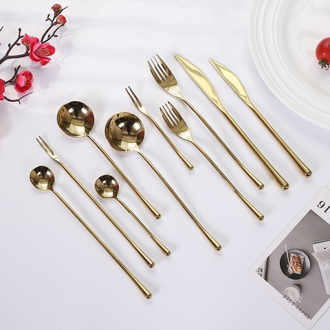 Bộ Dao Muỗng Nĩa Inox #304 Cao Cấp Cán Tròn W05 [ Màu Gold ]