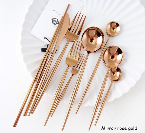 Sét Dao Muỗng Nĩa Đũa Inox #304 Cao Cấp T1 [ Màu Vàng Hồng ]