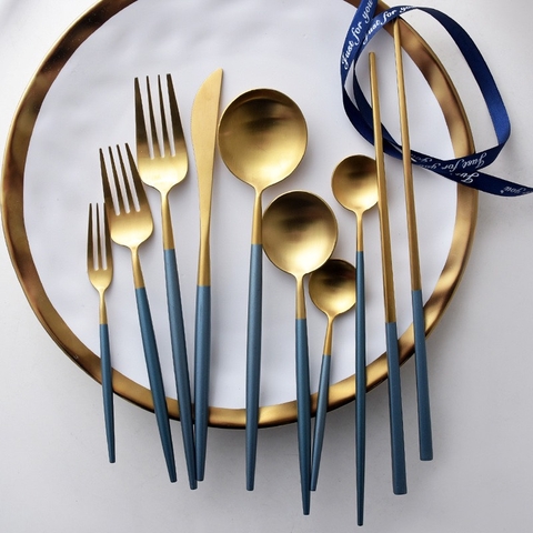 Sét Dao Muỗng Nĩa Đũa Inox #304 Cao Cấp T3 [ Màu Xanh ]