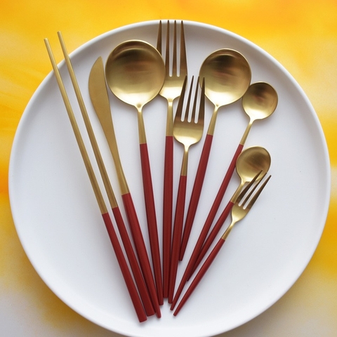 Sét Dao Muỗng Nĩa Đũa Inox #304 Cao Cấp T7 [ Màu Vàng Đỏ ]