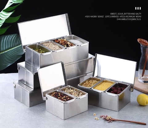Hũ Gia Vị _ Khay Gia Vị Topping Chữ Nhật Inox #304 [ Từ 3 Ngăn _ 4 Ngăn _ 5 Ngăn _ 6 Ngăn ]
