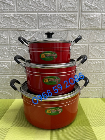 Bộ 3 Nồi Chống Dính Nhôm Nắp Kính [ Kích Thước: 16cm & 20cm & 24cm ]