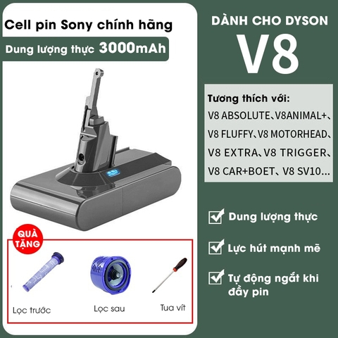 Pin máy hút bụi Dyson V8 dung lượng cao 3000mAh, 4800mAh - Dung lượng thực, tự động ngắt sạc, tương thích toàn bộ Series V8