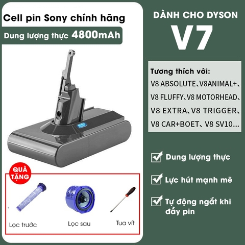 Pin máy hút bụi Dyson V7 dung lượng cao 3000mAh, 4800mAh - Dung lượng thực, tự động ngắt sạc, tương thích toàn bộ Series V7