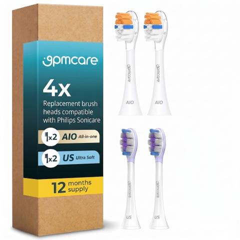 [Dùng 1 Năm] Bộ 4 Đầu Bàn Chải 9pmcare Tương Thích Philips Sonicare (2 AIO Sạch Sâu & 2 US Lông Siêu Mềm)